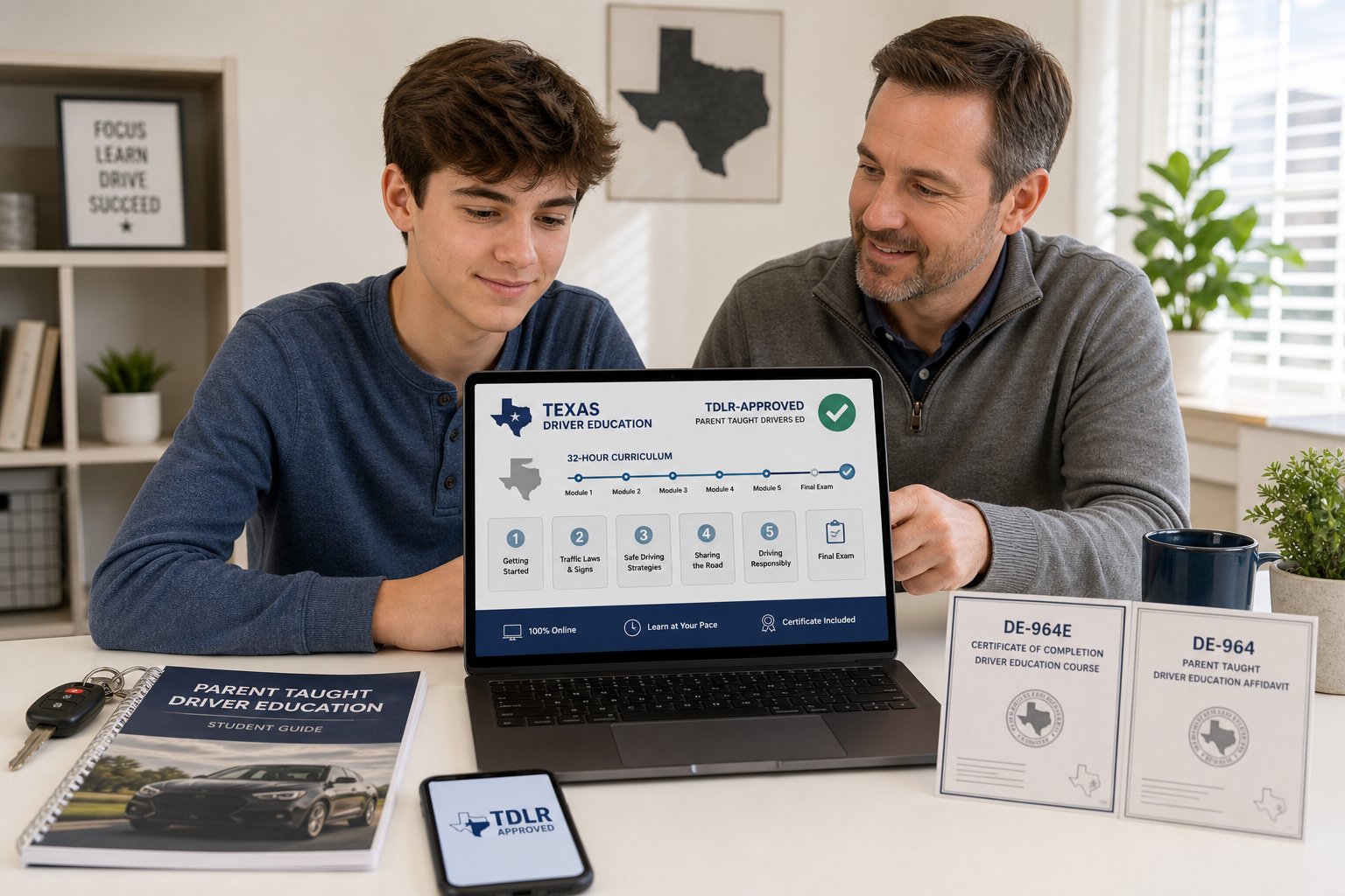 How to Choose a Texas Parent Taught Drivers Ed Course Online 1 Teen and parent reviewing an approved online Texas drivers ed course.