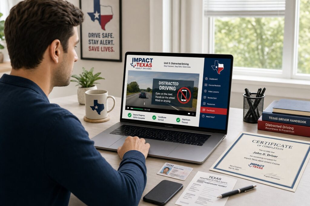 Blog Articles 2 Young adult watching Texas distracted driving course on a laptop.