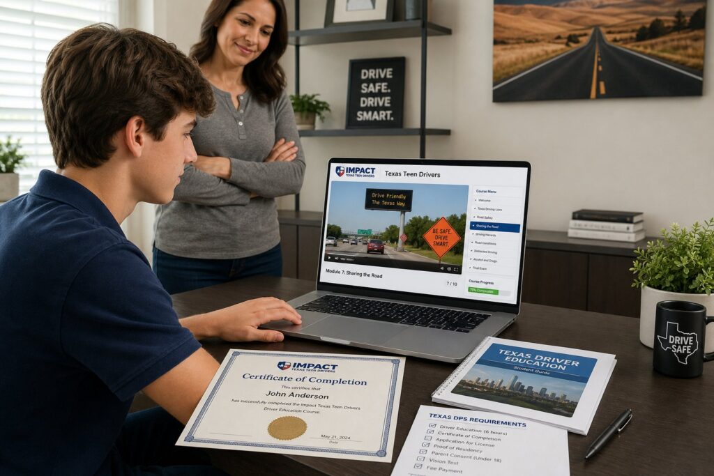 Blog Articles 4 Teen driver reviewing Texas safety video before road test.