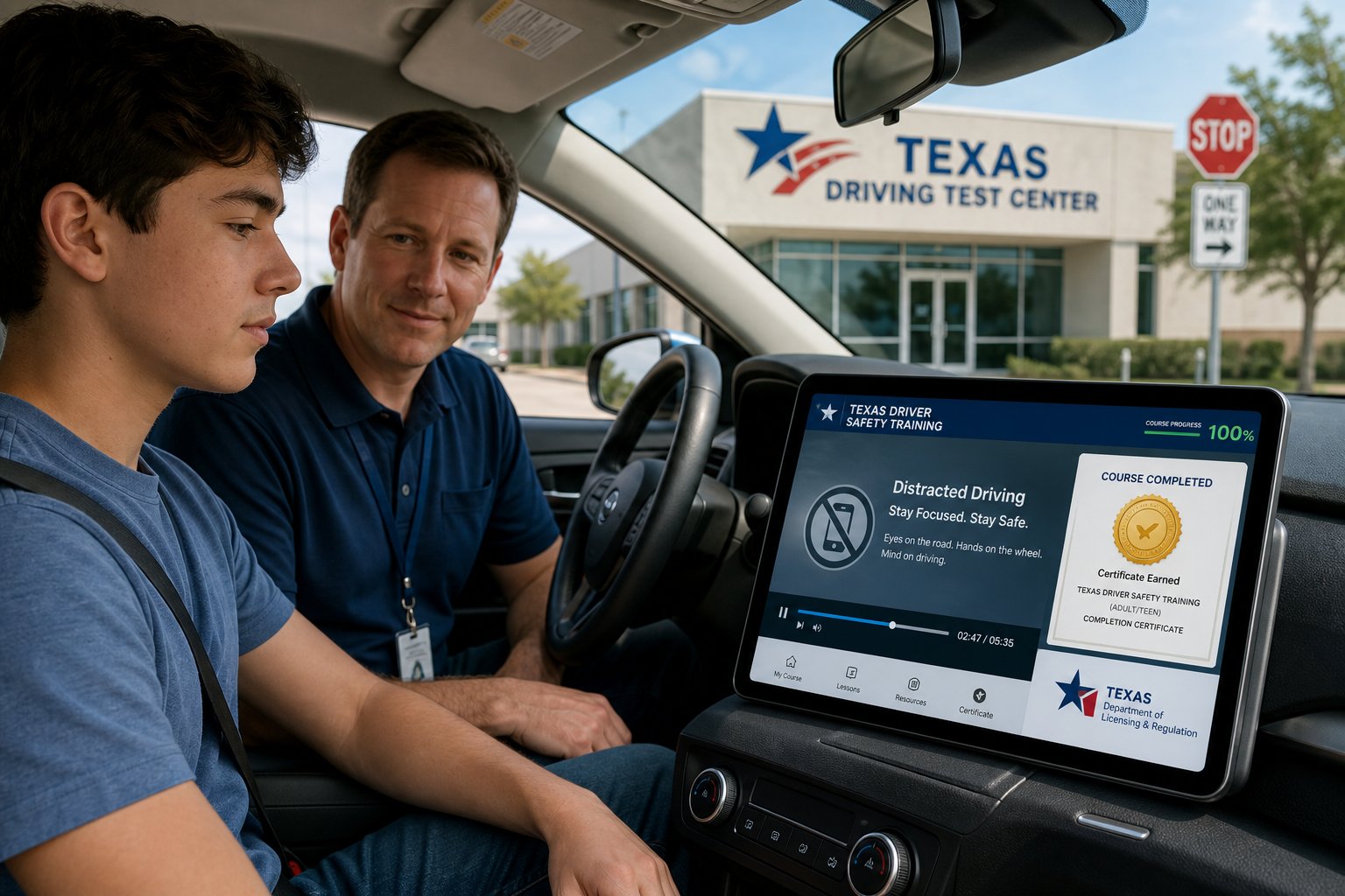 How to Complete the Impact Texas Teen Drivers (ITTD) Course 1 Teen driver reviewing Texas safety video before road test.