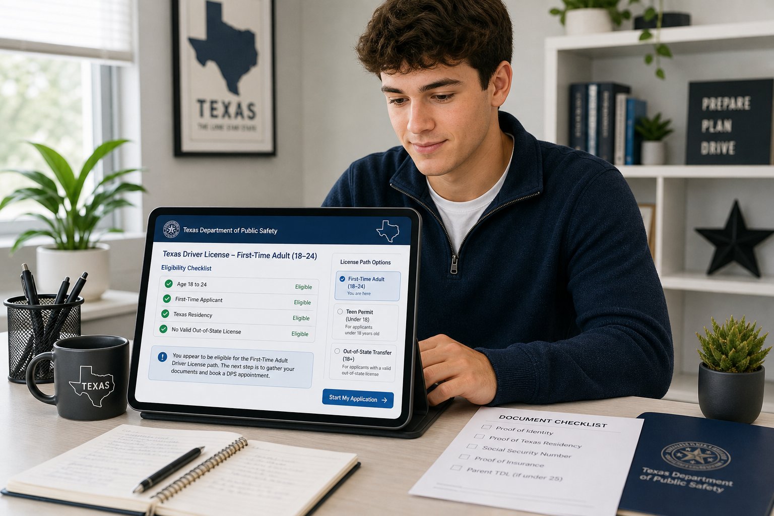 How to Get a Texas Driver's License at 18: The Complete Step-by-Step Guide 1 Young adult checking Texas driver’s license eligibility on a laptop.