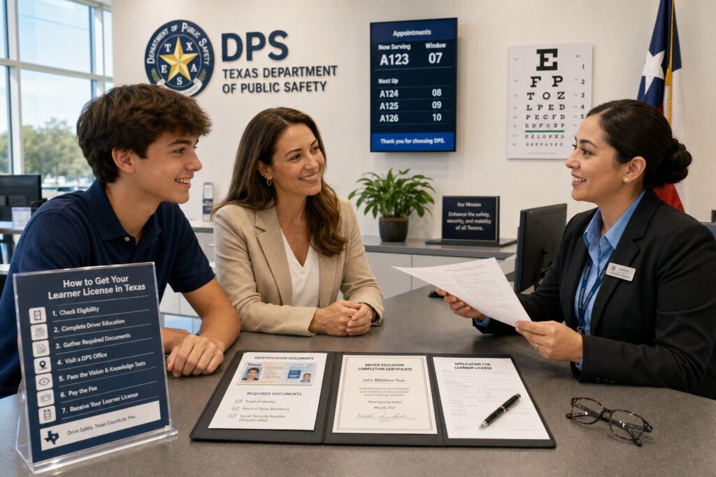 Blog Articles 3 Teen with parent applying for a Texas learner’s permit at DPS.