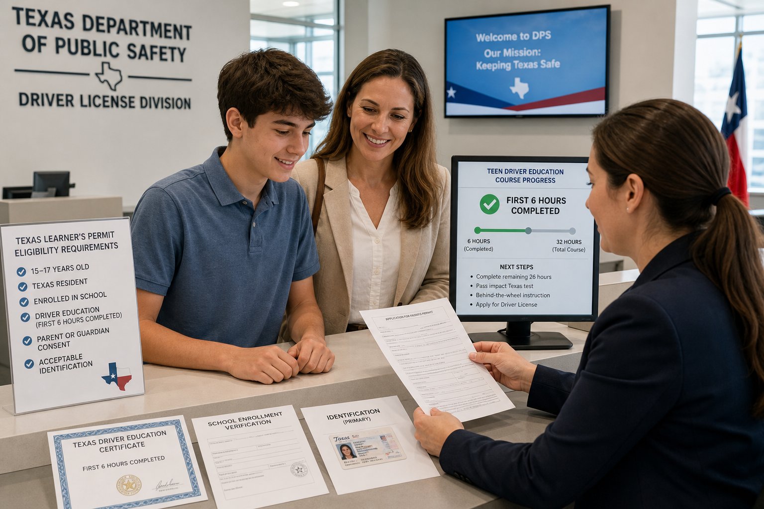 How to Get a Texas Learner's Permit at 15: Step-by-Step Guide 1 Teen with parent applying for a Texas learner’s permit at DPS.