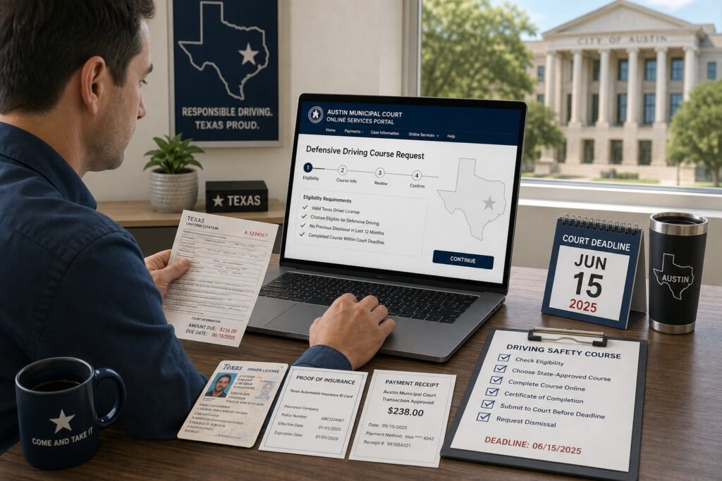 Blog Articles 9 Driver requesting defensive driving approval at a Texas court office.