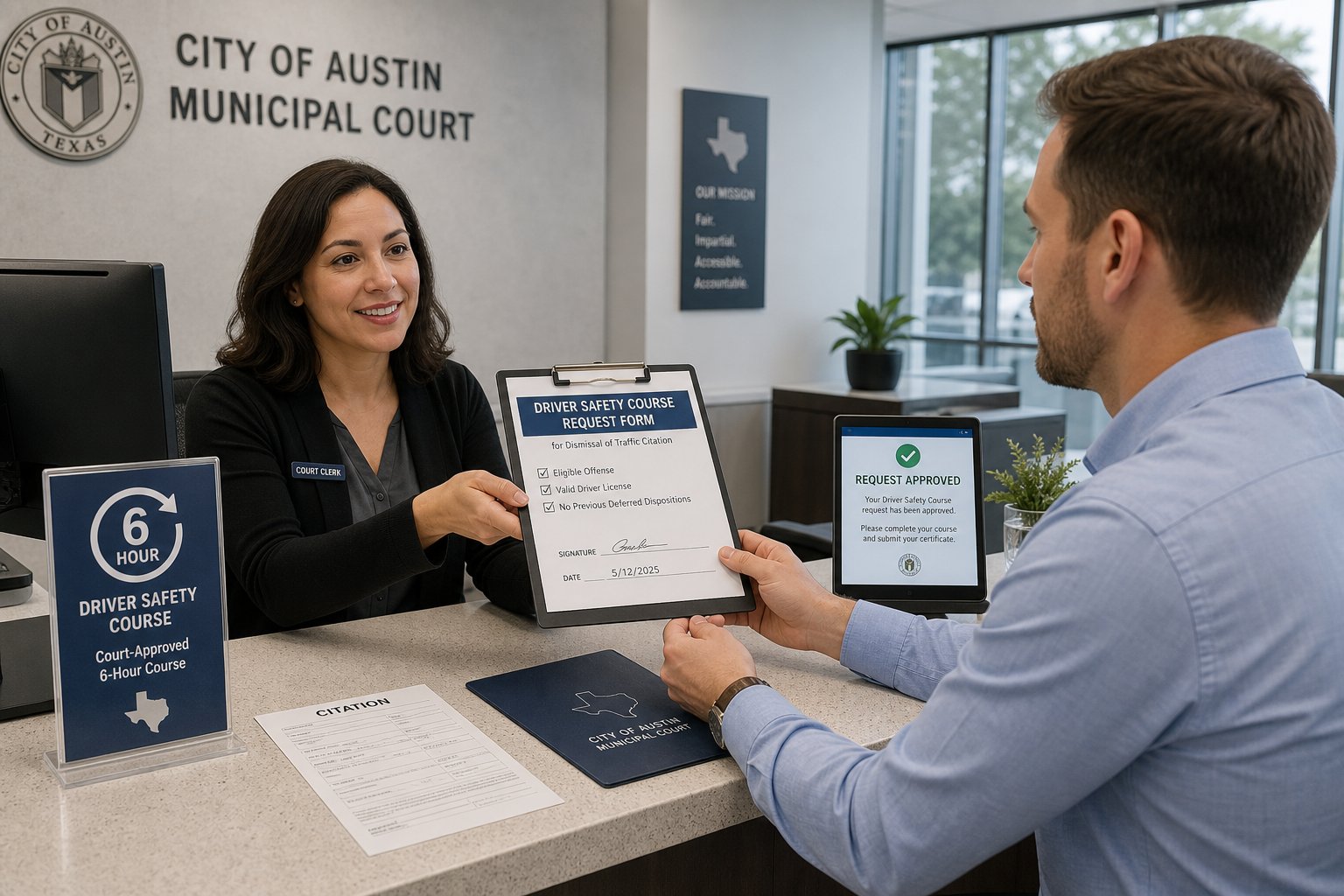 How to Request Defensive Driving from a Texas Court 1 Driver requesting defensive driving approval at a Texas court office.