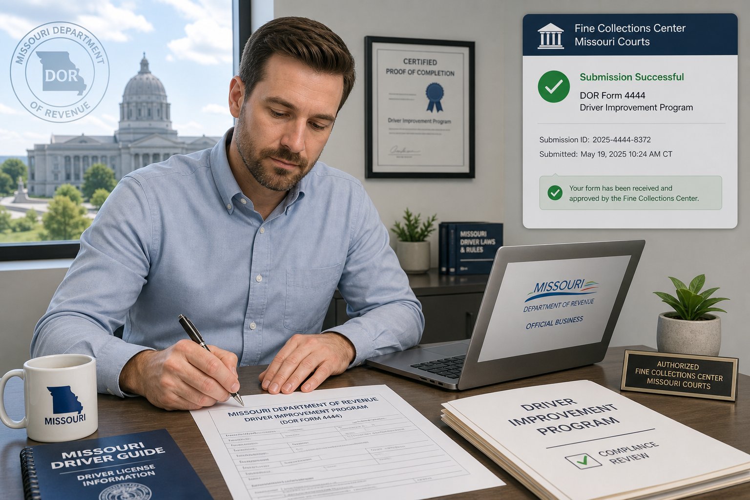 How to Submit DOR Form 4444 to Reduce Points on Your Missouri Driving Record 1 Missouri DOR Form 4444 point-reduction submission form beside a traffic ticket
