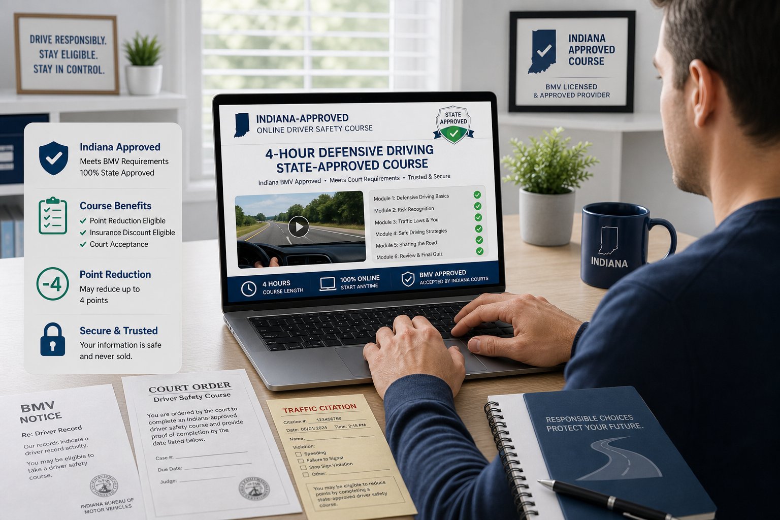 How to Take the Indiana Driver Safety Program Online 1 Driver taking an Indiana-approved online safety course at a modern desk.