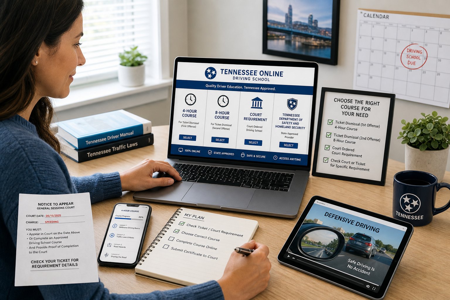 How to Take the Tennessee Defensive Driving Course Online 1 Tennessee driver comparing state-approved defensive driving course options on a laptop
