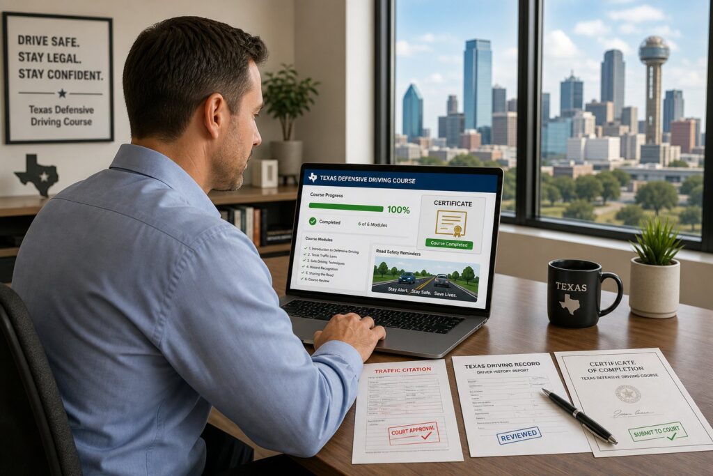 Blog Articles 8 Driver taking an online Texas defensive driving course on a laptop.