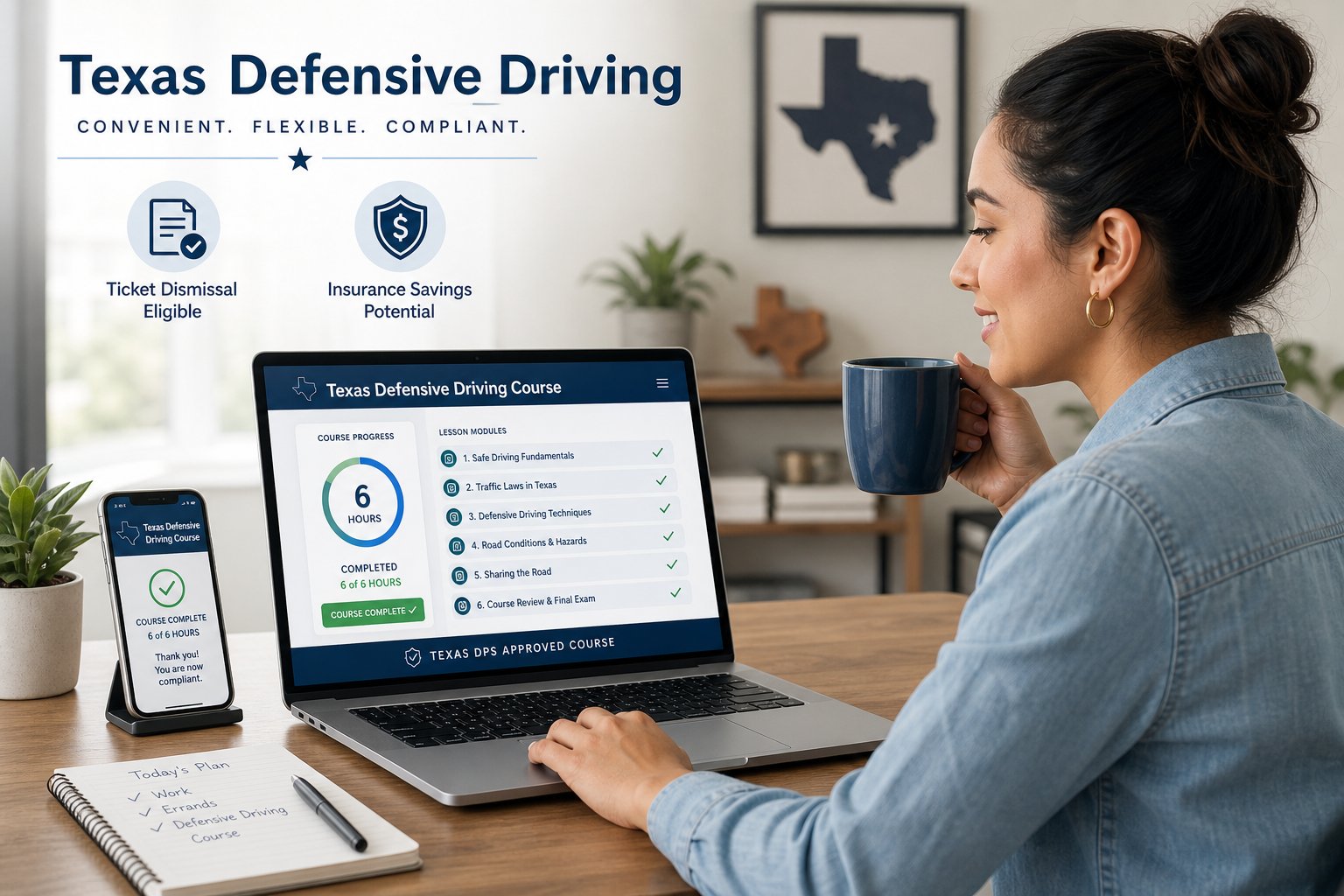 How to Take the Texas Driver Safety Course Online 1 Driver taking an online Texas defensive driving course on a laptop.