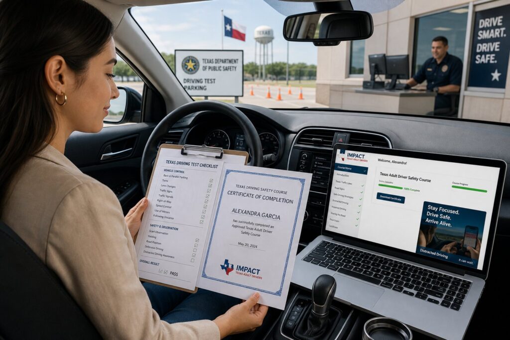 Blog Articles 10 Adult completing an official Texas driver safety course on a laptop.