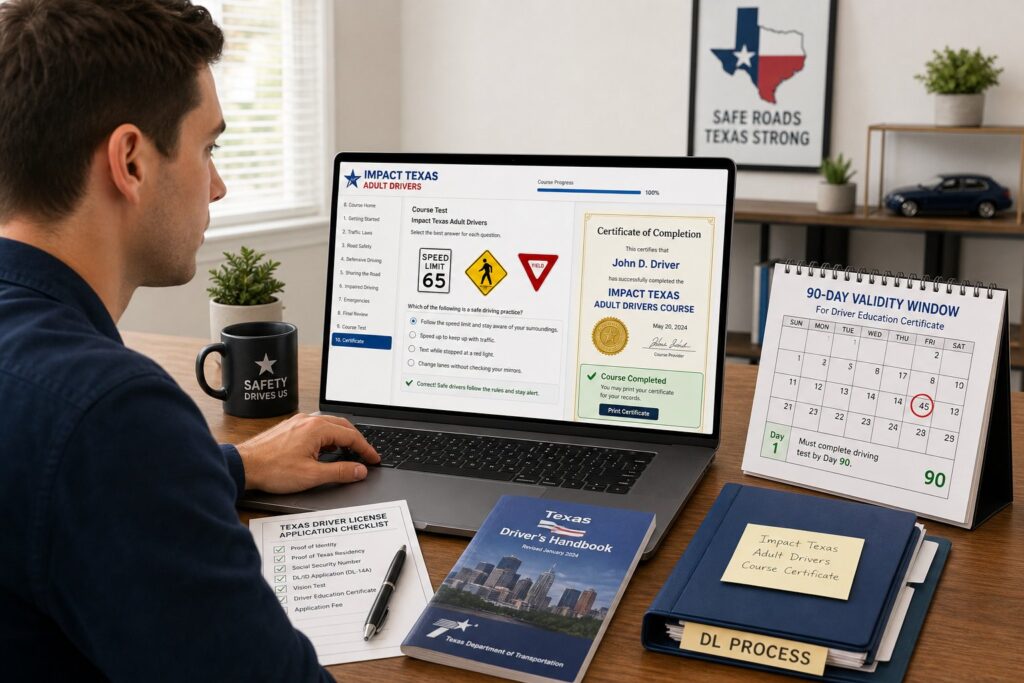 Blog Articles 9 Adult taking an online Texas driver safety course on a laptop.