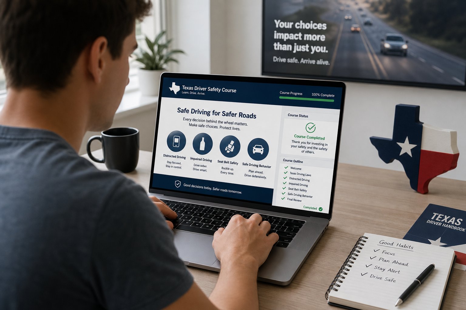 Impact Texas Adult Drivers Questions: What to Expect in the Course 1 Adult taking an online Texas driver safety course on a laptop.