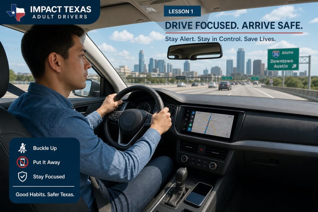 Blog Articles 8 Adult learner taking an online Texas driver course at a modern desk.