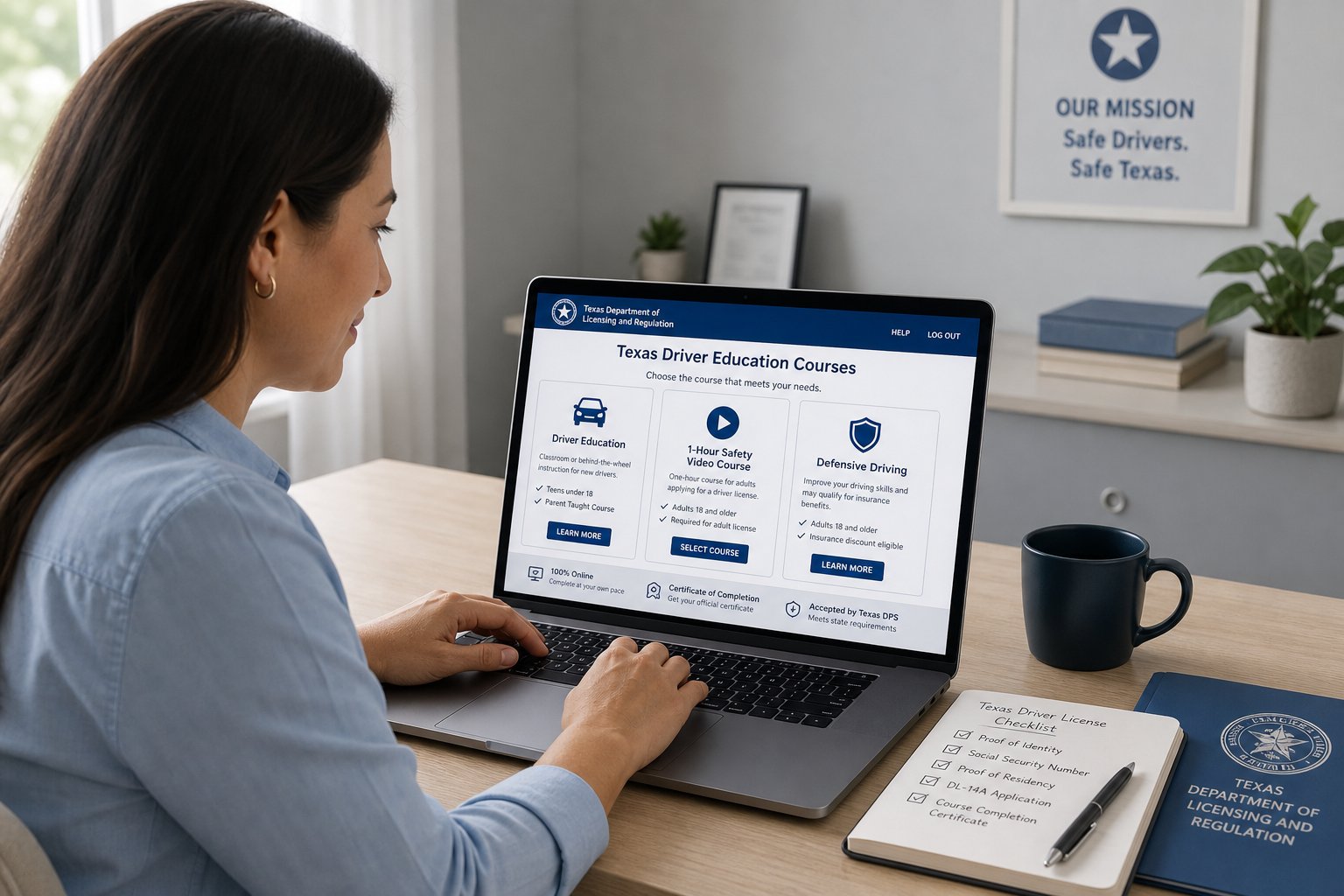 Impact Texas Adult Drivers: What Lesson 1 Covers 1 Adult learner taking an online Texas driver course at a modern desk.