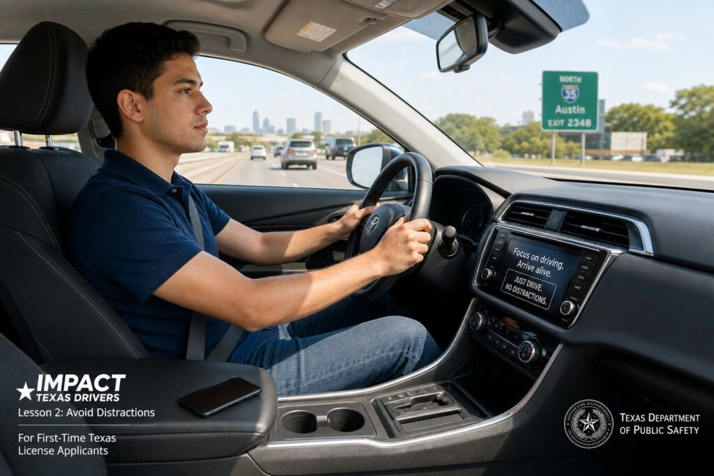 Blog Articles 7 Adult driver focusing on the road with phone distraction highlighted.