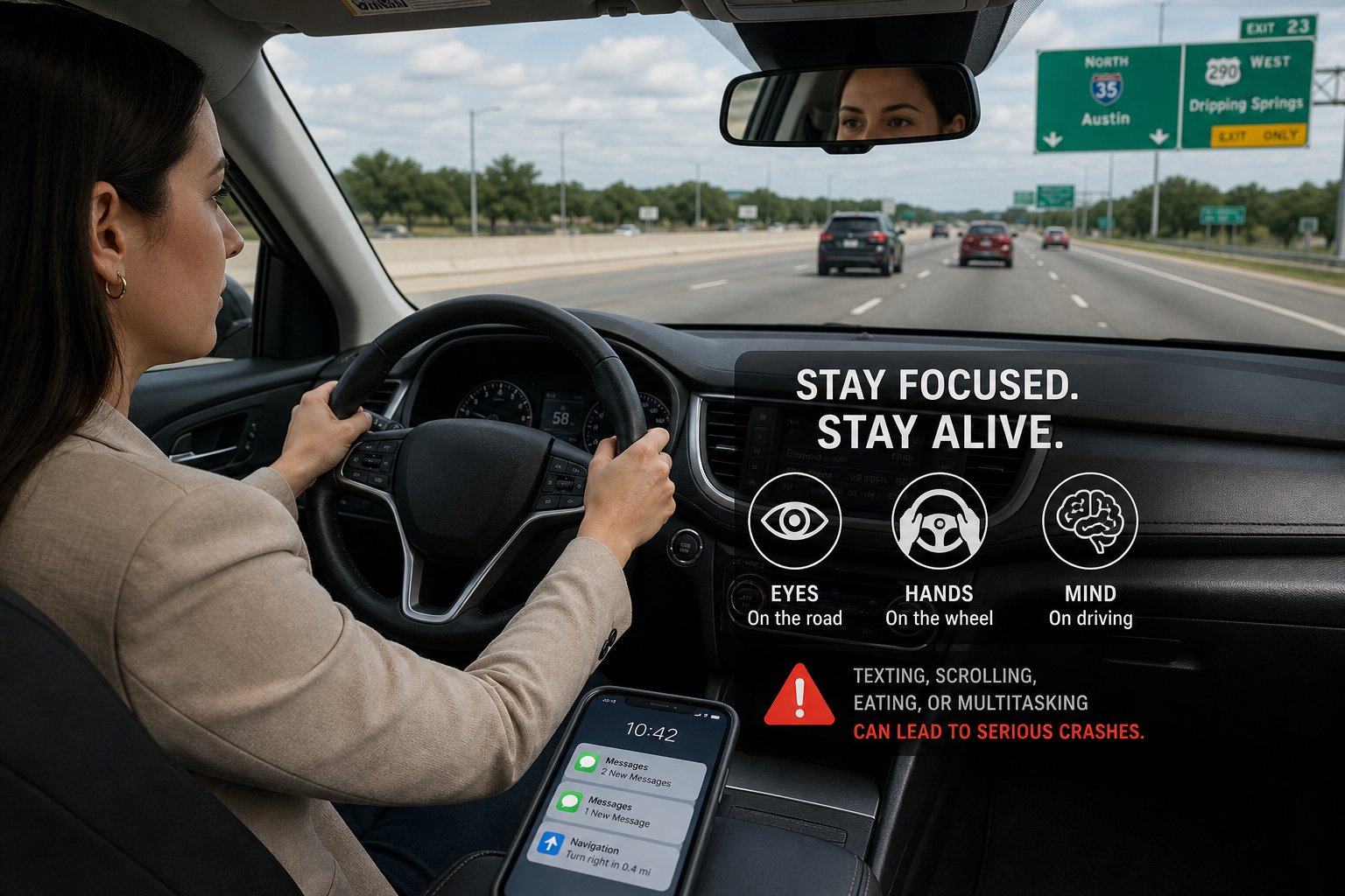 Impact Texas Adult Drivers: What Lessons 2 and 3 Cover 1 Adult driver focusing on the road with phone distraction highlighted.