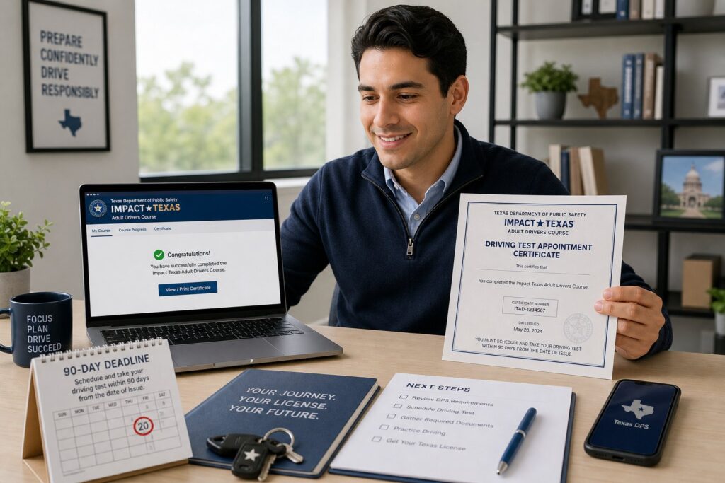 Blog Articles 6 Young adult viewing Texas driving course certificate on a laptop.