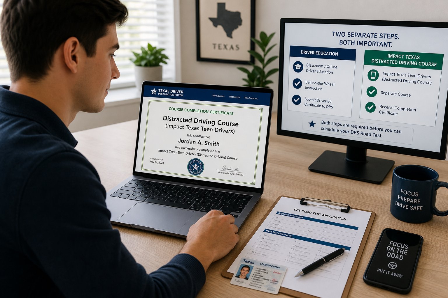 Impact Texas Drivers Certificate: How to Get It and Use It at DPS 1 Young adult viewing Texas driving course certificate on a laptop.
