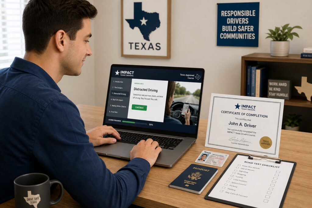 Blog Articles 5 Young driver completing Texas distracted driving safety course before road test.