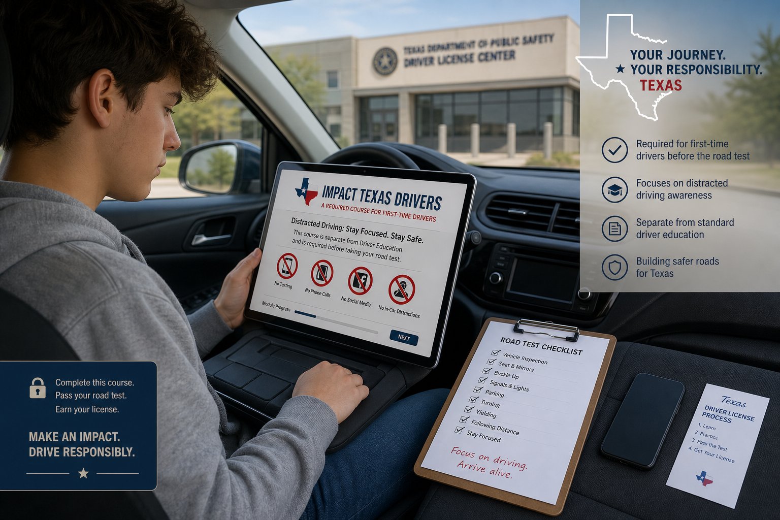 Impact Texas Drivers: The Complete Overview of All IMPACT Programs 1 Young driver completing Texas distracted driving safety course before road test.
