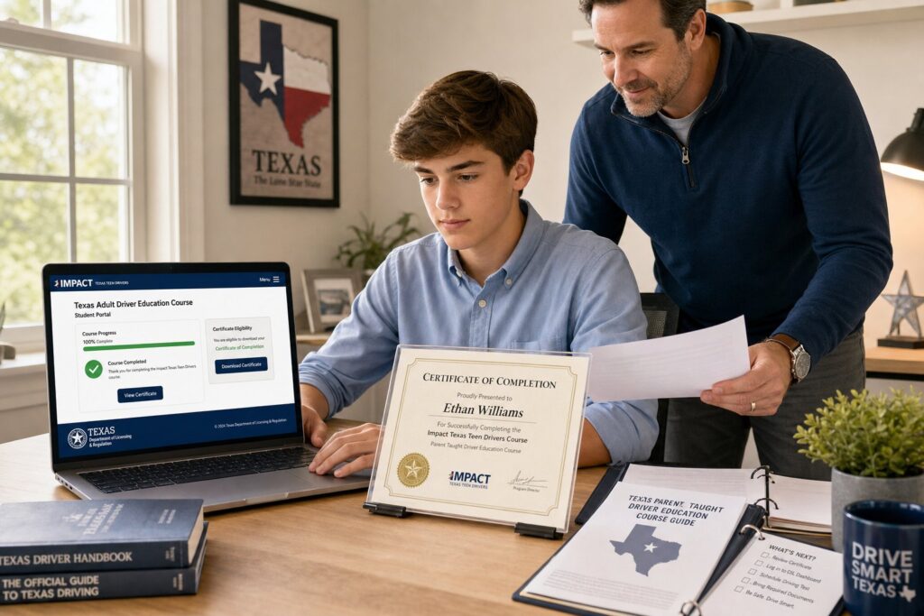 Blog Articles 2 Teen and parent reviewing Texas driving course certificate on a laptop.