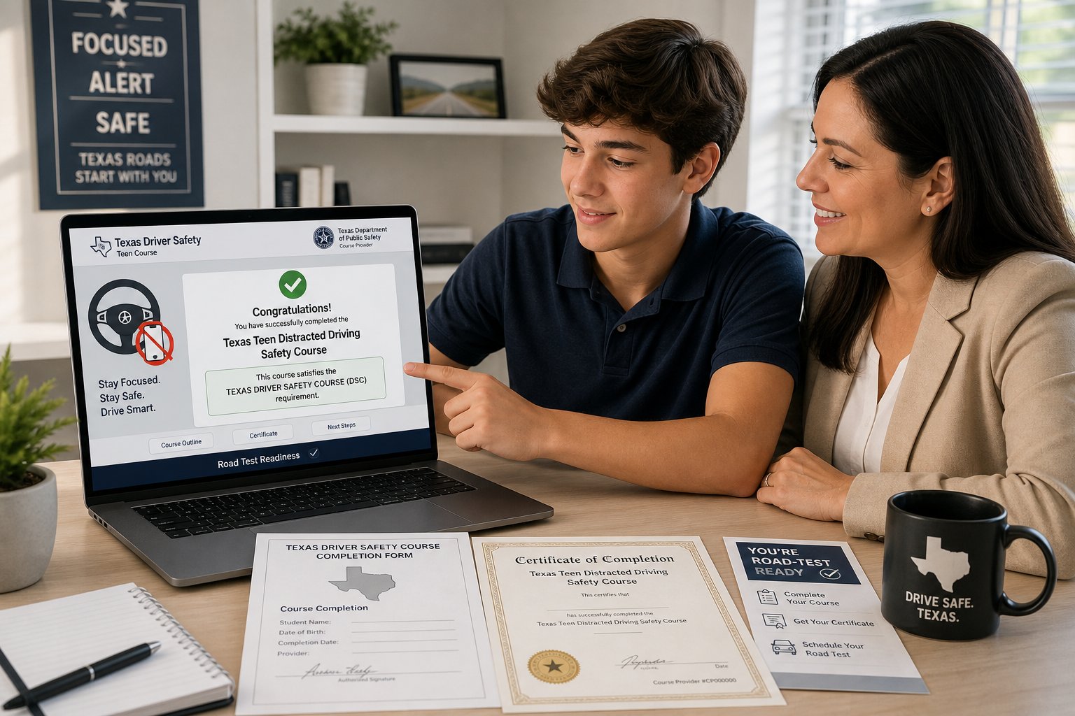 Impact Texas Teen Drivers Certificate: How to Get It and Use It at DPS 1 Teen and parent reviewing Texas driving course certificate on a laptop.