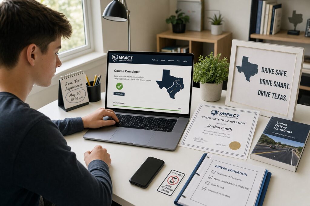 Blog Articles 10 Teen taking an online Texas driver safety course at home.