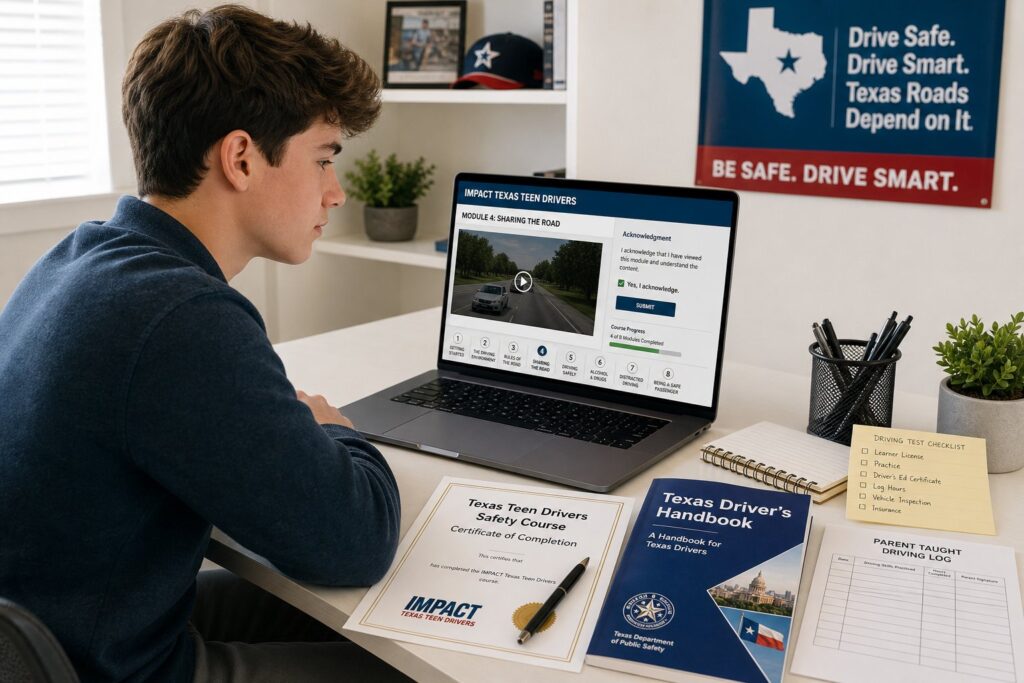Blog Articles 9 Teen and parent reviewing Texas driver safety course on a laptop.