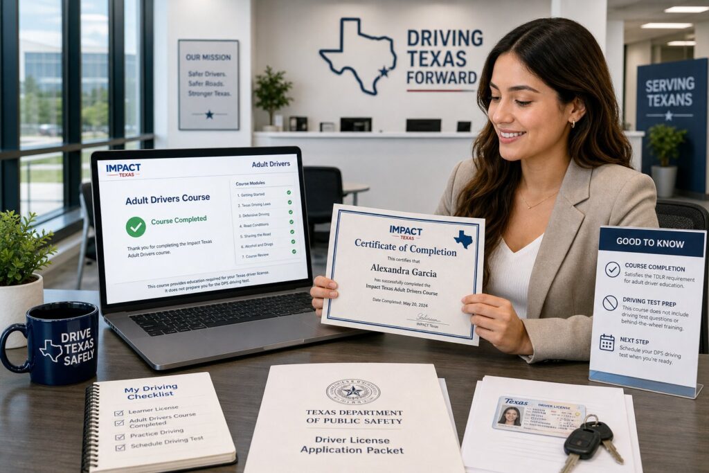 Blog Articles 4 Young driver reviewing Texas driving course certificate on a computer.