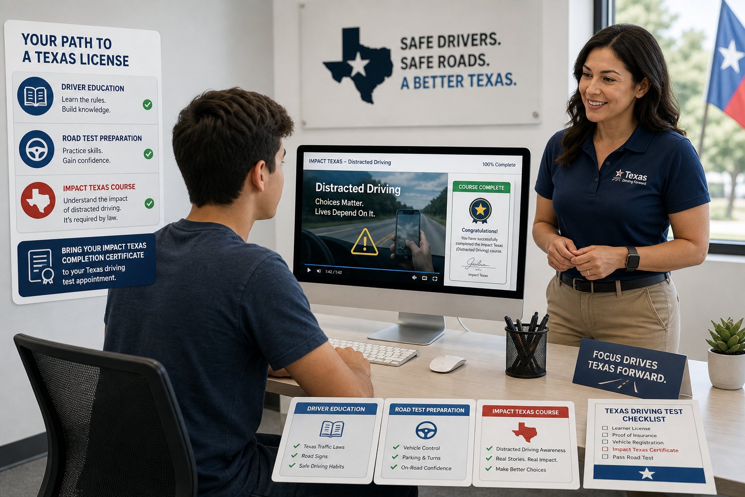 Impact Texas Young Drivers (ITYD) vs ITAD: Which Course Do You Need? 1 Young driver reviewing Texas driving course certificate on a computer.