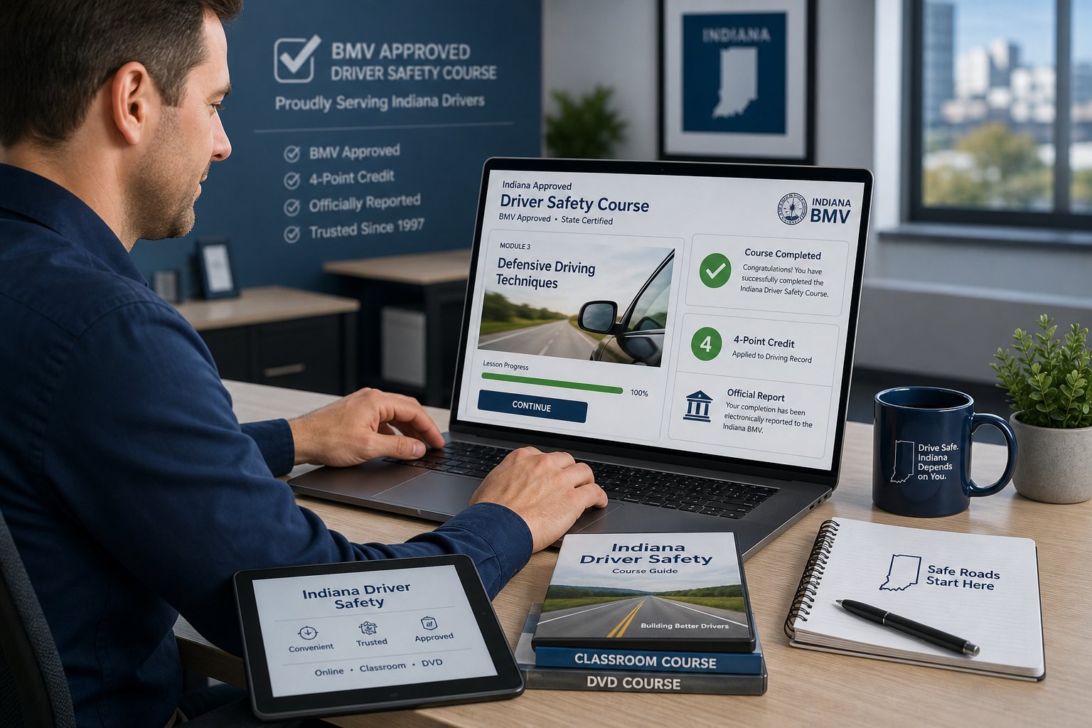 Indiana BMV-Approved Driver Safety Program: What It Means and How to Verify 1 Driver completing an approved safety course on a laptop in an office.
