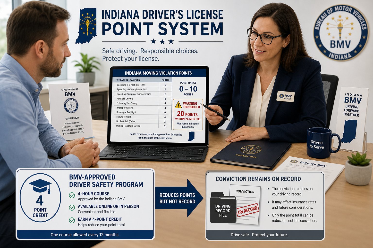 Indiana BMV Demerit Points Chart: How Many Points for Each Violation 1 Indiana driver points chart with BMV record and safety course credit.