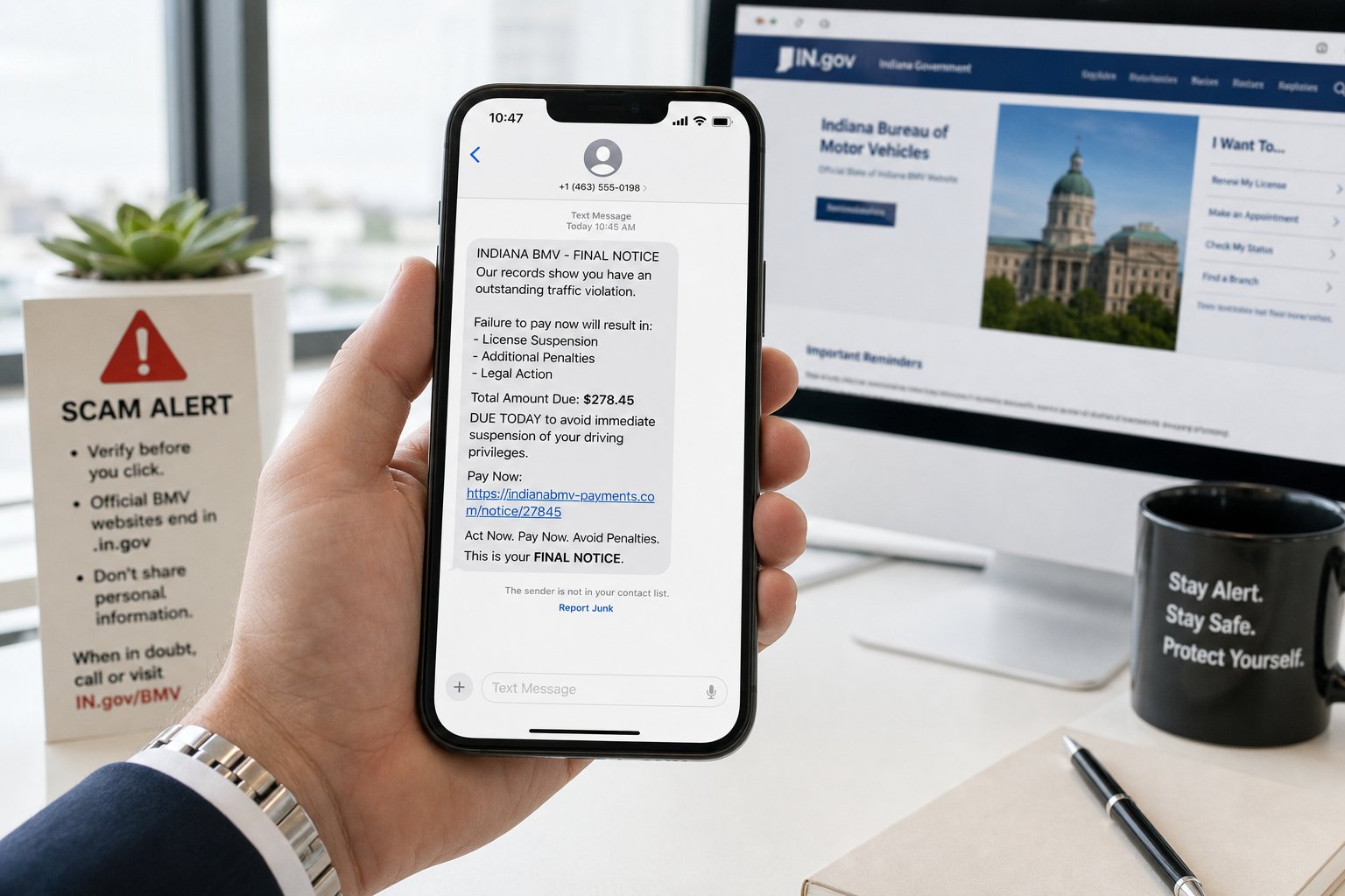 Indiana BMV Final Notice: What It Means and What to Do 1 Smartphone showing a fake Indiana BMV scam text message.