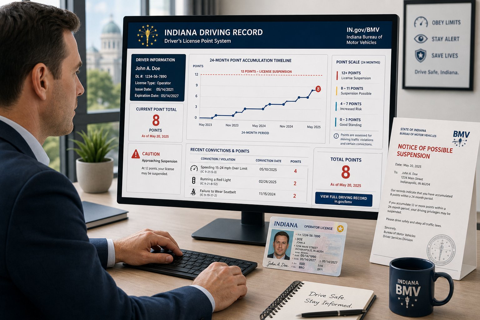 Indiana BMV Points System Explained 1 Indiana driver record dashboard showing license points and suspension warning.