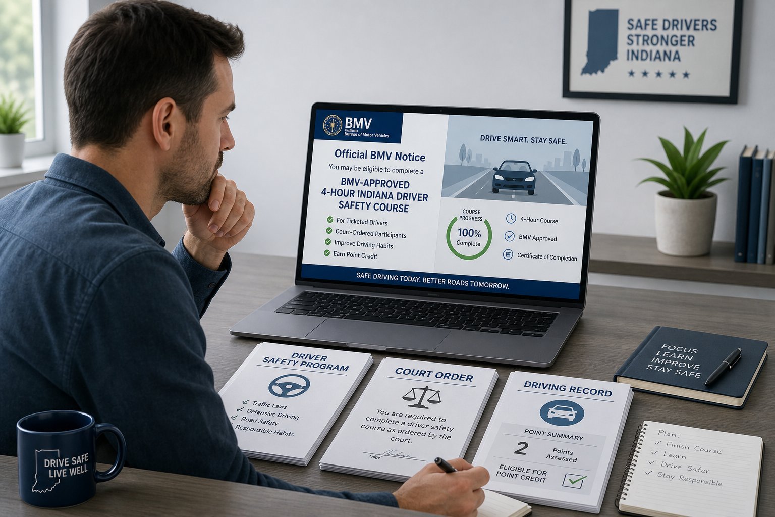 Indiana Defensive Driving Course vs. Driver Safety Program: Same Thing? 1 Driver reviewing Indiana BMV-approved defensive driving course information on a laptop.