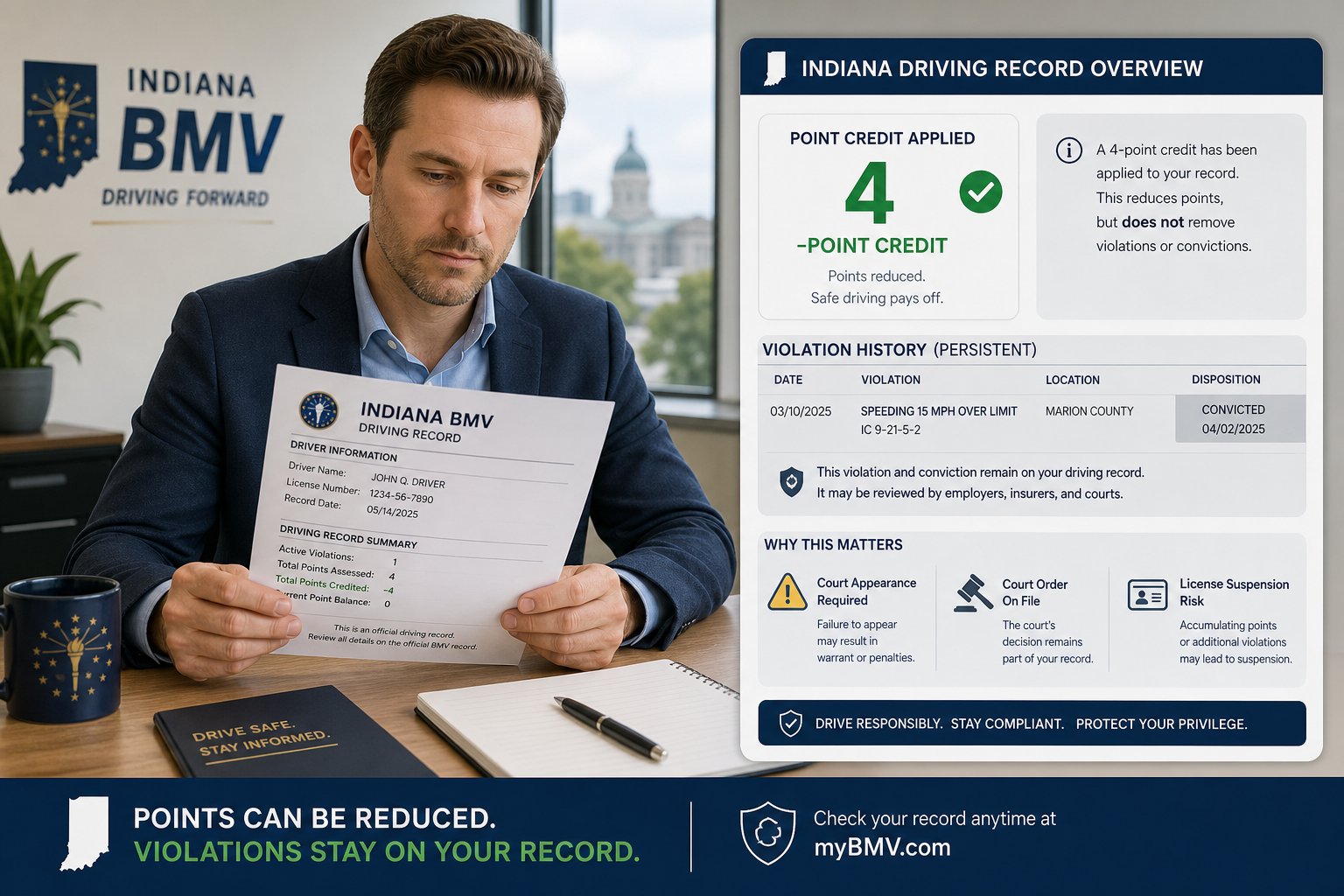 Indiana Driver Safety Program and Points: What It Can and Cannot Do 1 Driver reviewing Indiana record showing 4-point credit but violation still listed.