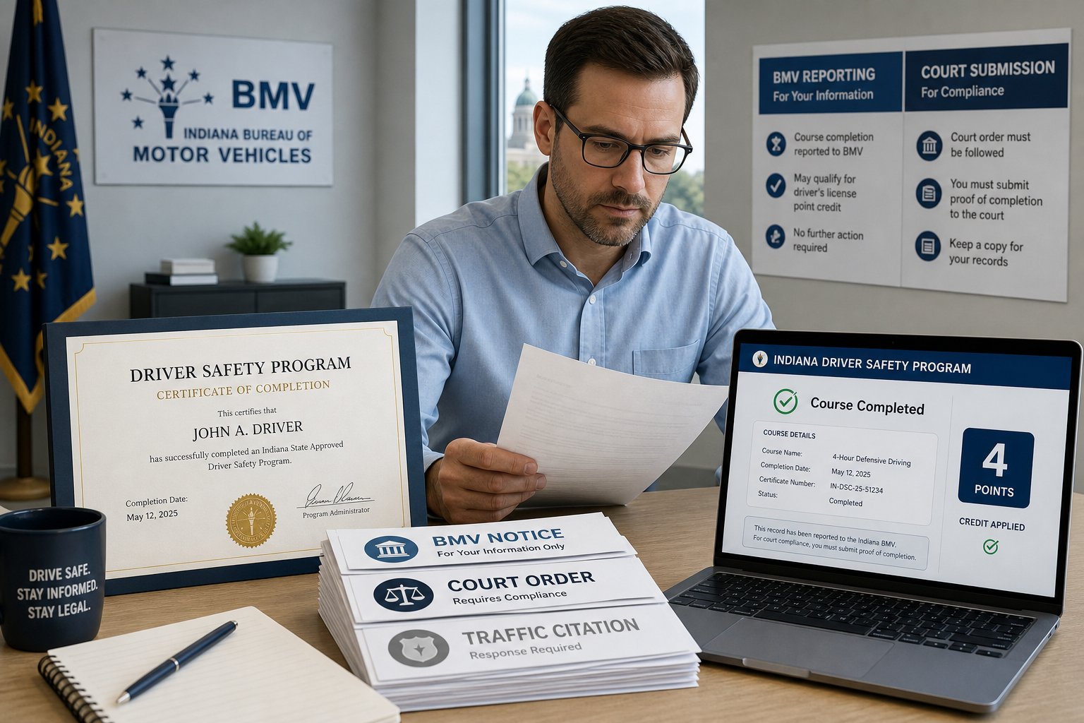 Indiana Driver Safety Program Certificate: What It Is and How to Submit It 1 Driver reviewing Indiana driver safety certificate and official court and BMV papers.