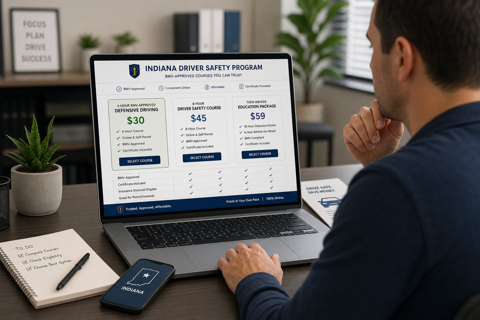 How Much Does the Indiana Driver Safety Program Cost? 1 Driver comparing Indiana driver safety course prices on a laptop.