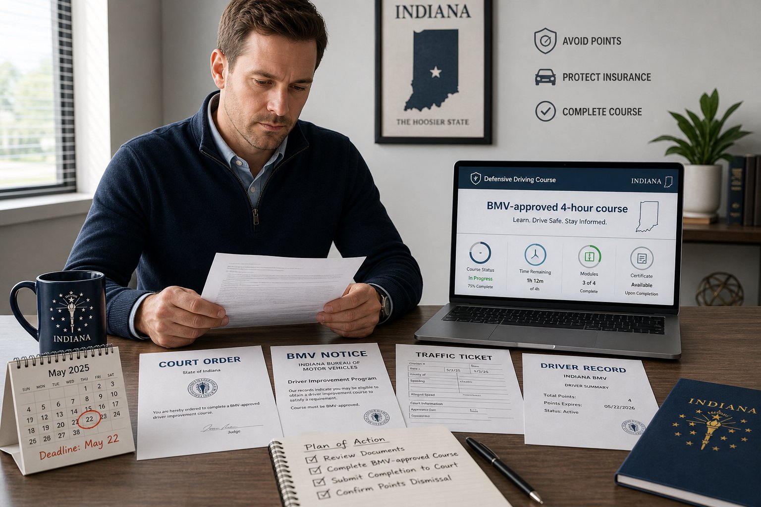 Indiana Driver Safety Program: The Complete Guide 1 Driver reviewing Indiana BMV safety course documents at a modern desk.