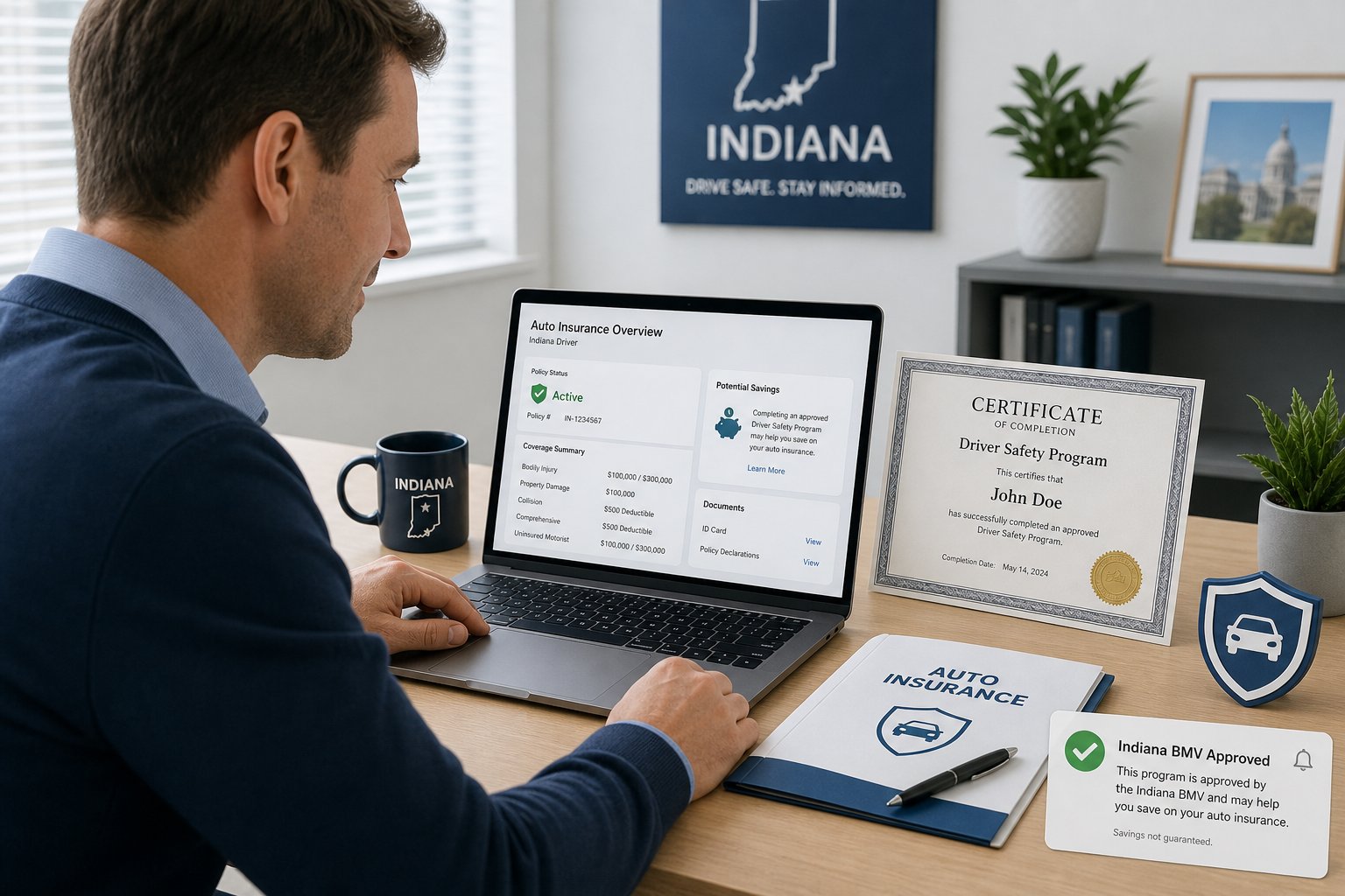 Can the Indiana Driver Safety Program Lower Your Car Insurance? 1 Driver reviewing insurance discount after completing an Indiana defensive driving course.
