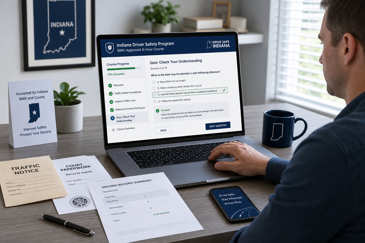 Indiana Driver Safety Program Quiz and Test: What to Expect 1 Driver completing an online Indiana driver safety course quiz at a desk.
