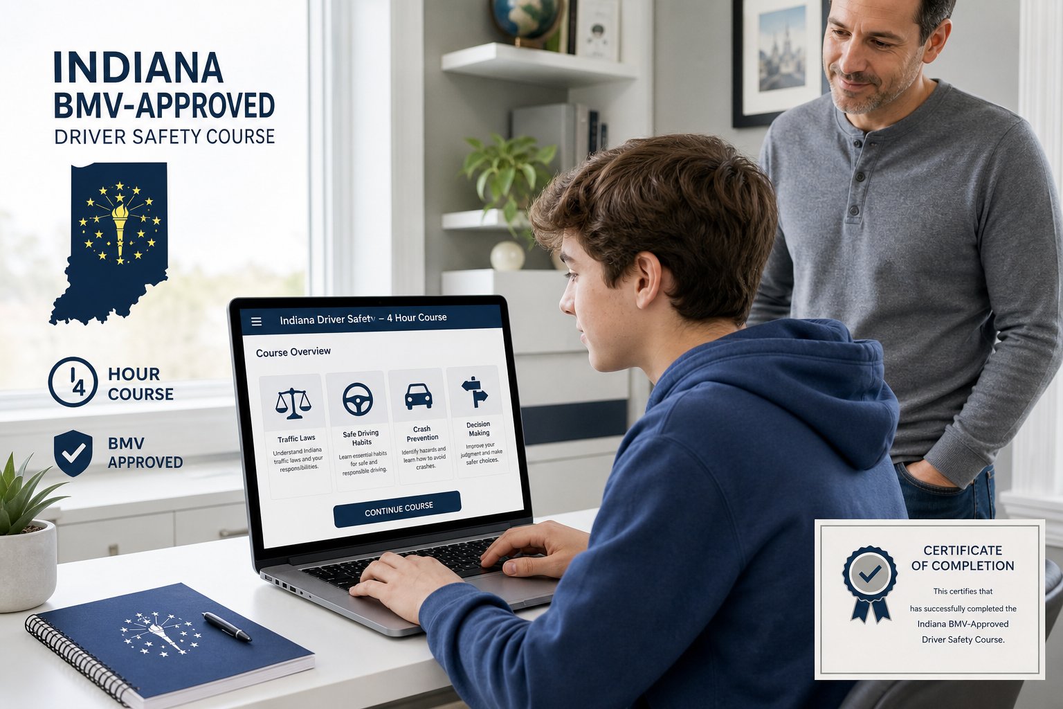 Indiana Driver Safety Program for Teens and Young Drivers 1 Teen taking an online Indiana driver safety course at home.