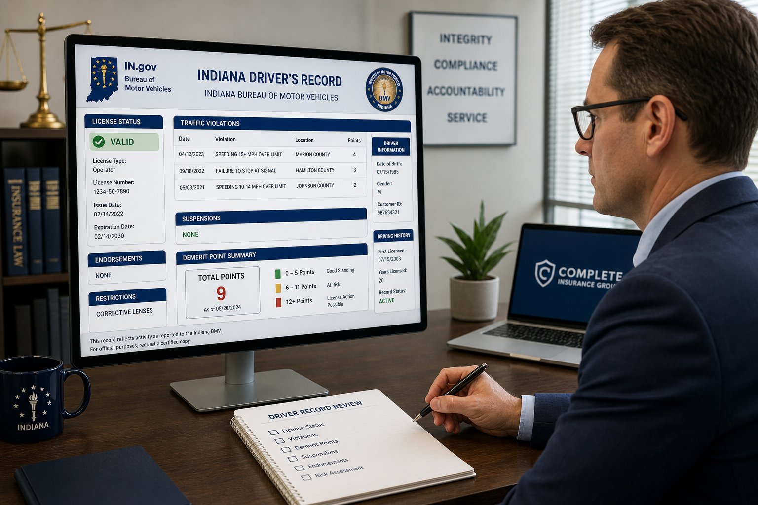 Your Indiana Driving Record: How to Get It and What It Shows 1 Indiana driving record reviewed on a computer in a professional office.