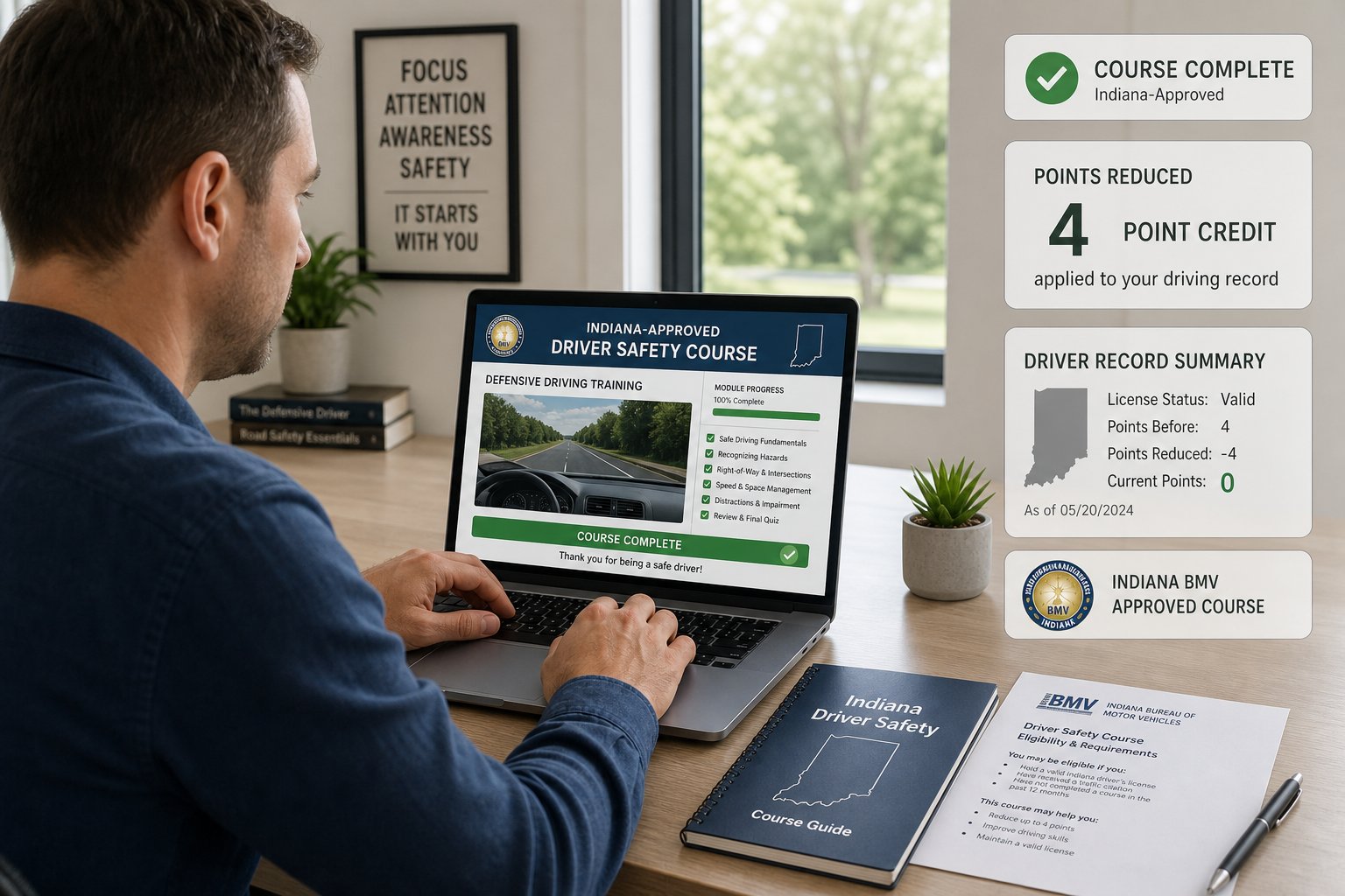 Indiana DSP 4-Point Credit: How It Works 1 Driver taking Indiana-approved online safety course to earn 4-point credit.