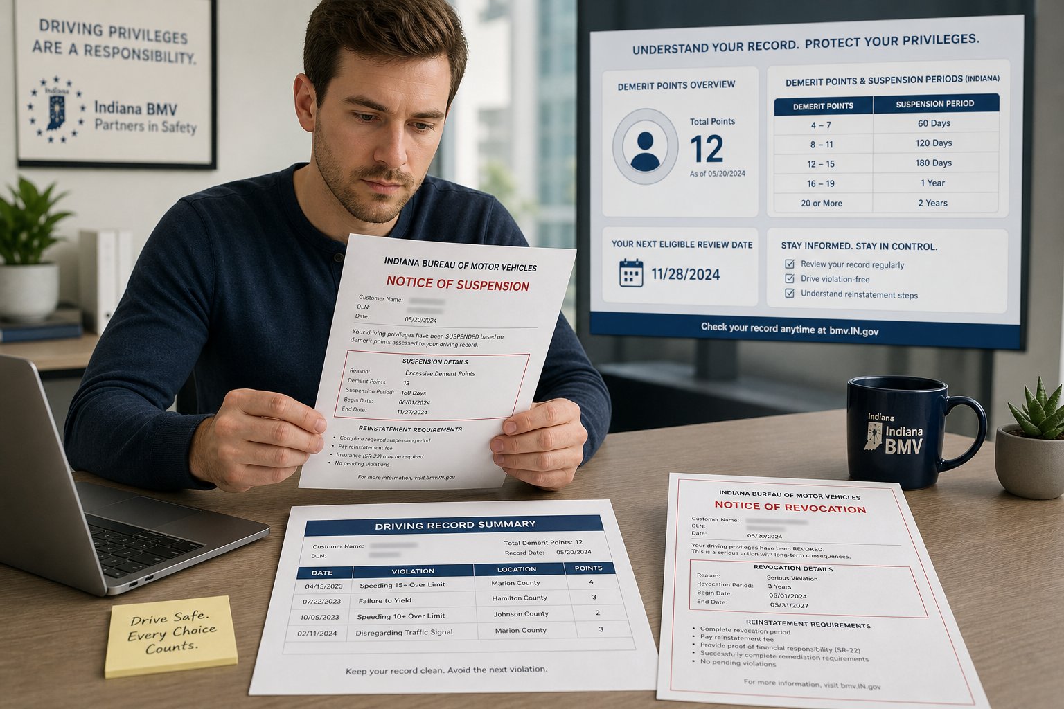 Indiana License Suspension for Points: Thresholds, What Happens, and How to Reinstate 1 Driver reviewing Indiana license suspension notice and driving record documents.