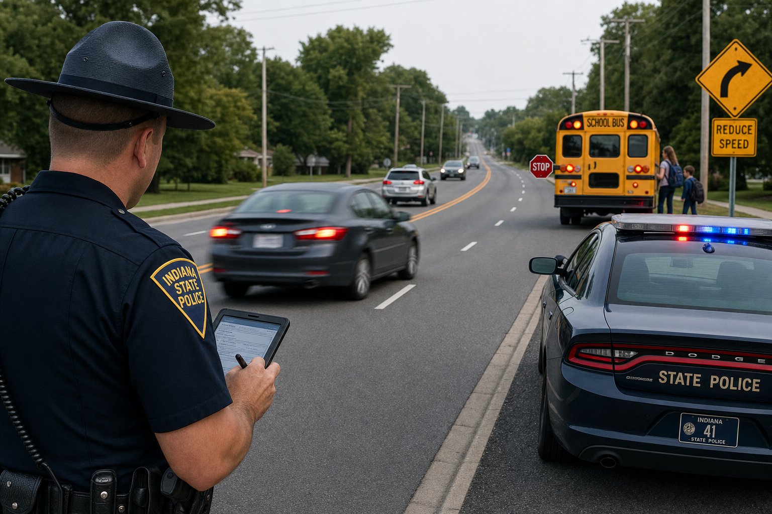 Indiana Reckless Driving First Offense: What to Know 1 Police officer observing reckless driving on an Indiana road near traffic and school bus.