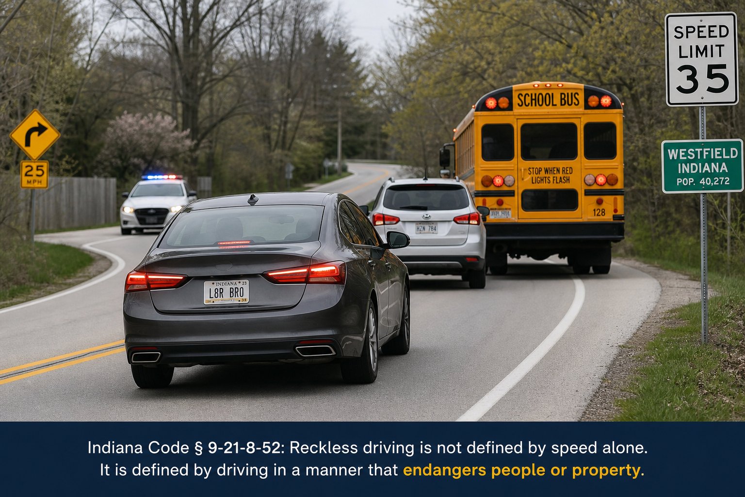 Indiana Reckless Driving vs. Speeding Ticket: Key Differences 1 Reckless driver weaving through traffic near a stopped school bus.