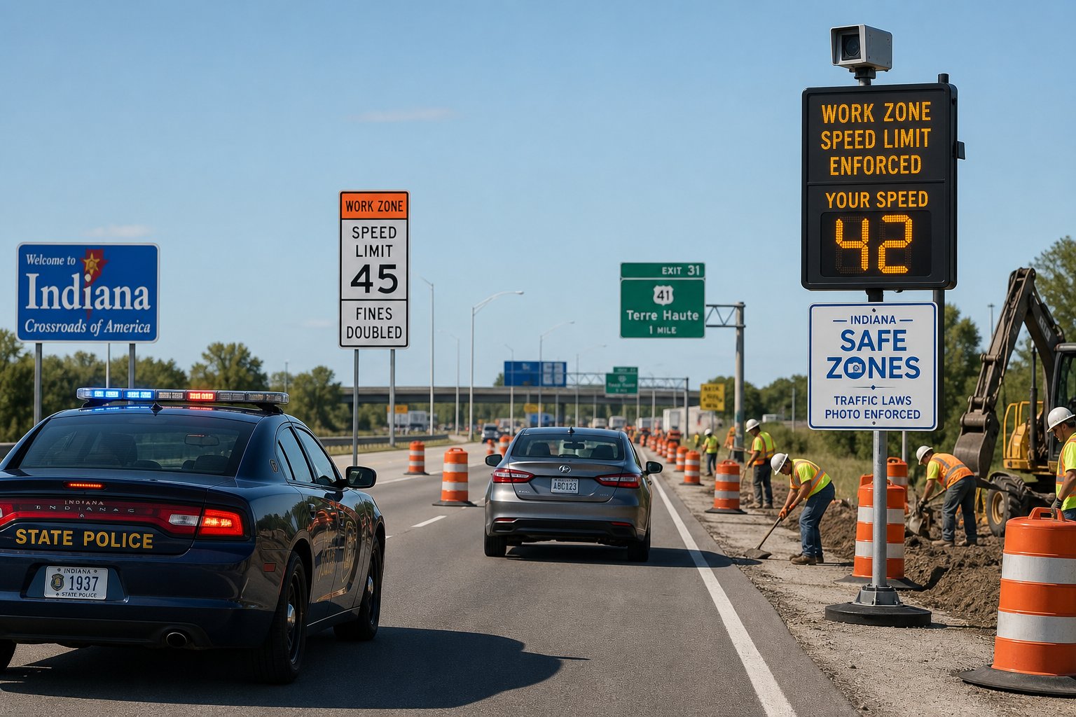 Indiana Work Zone and School Zone Speeding Tickets: Higher Fines 1 Indiana highway work zone with speed signs, workers, camera, and police car.