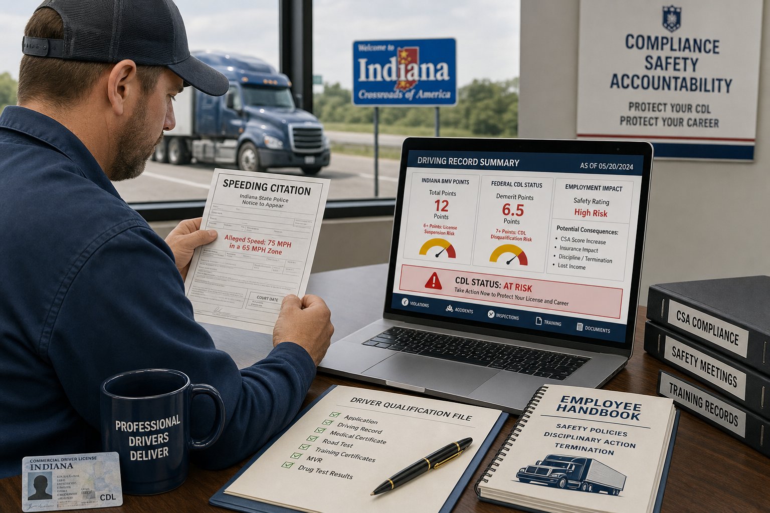 Indiana Speeding Ticket for CDL Holders: Federal Rules Apply 1 CDL driver reviewing speeding ticket and driving record in a modern office.